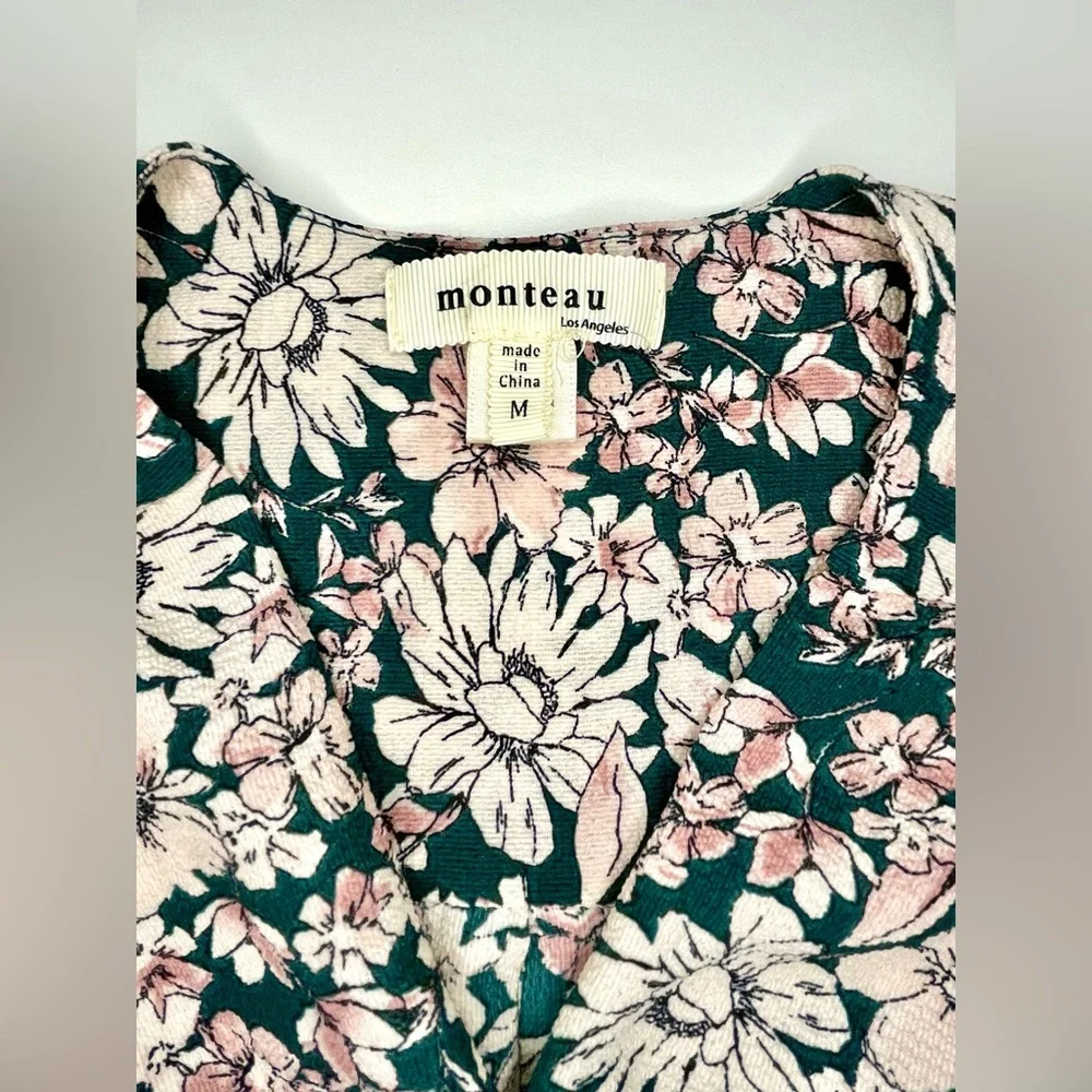 Monteau Floral V-Neck Faux Wrap Ties Peplum Blouse Flutter Sleeve in Pink Green - Picture 3 of 8